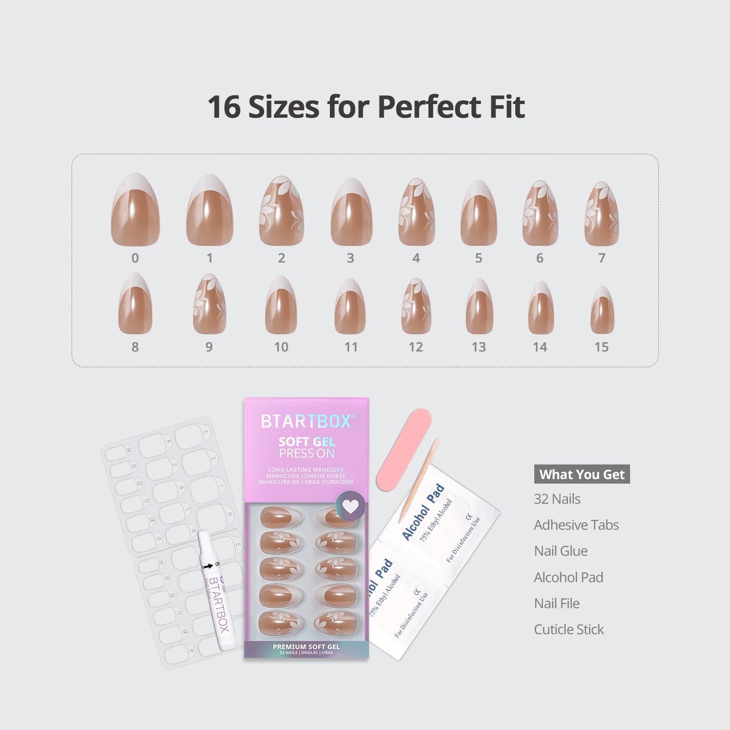 BTArtbox French Tip Press On Nails - The Big Day, Easy-to-Apply White Flower Almond Press On Nails with Glue and Adhesive Tabs in 16 Sizes - 32 Nails All-in-One Kit