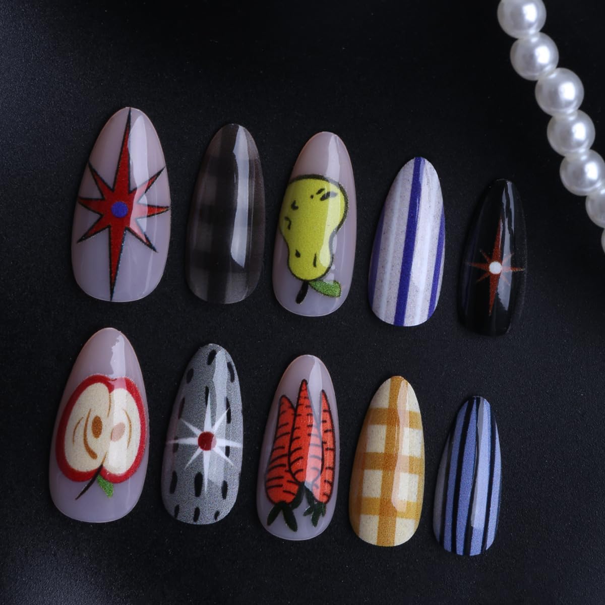 plalely Almond Press on Nails Long Funny Fake NailCute Pear and Carrot Print Acrylic Nail Press ons Funny Stripes Stick on Nails for Women 24pcs