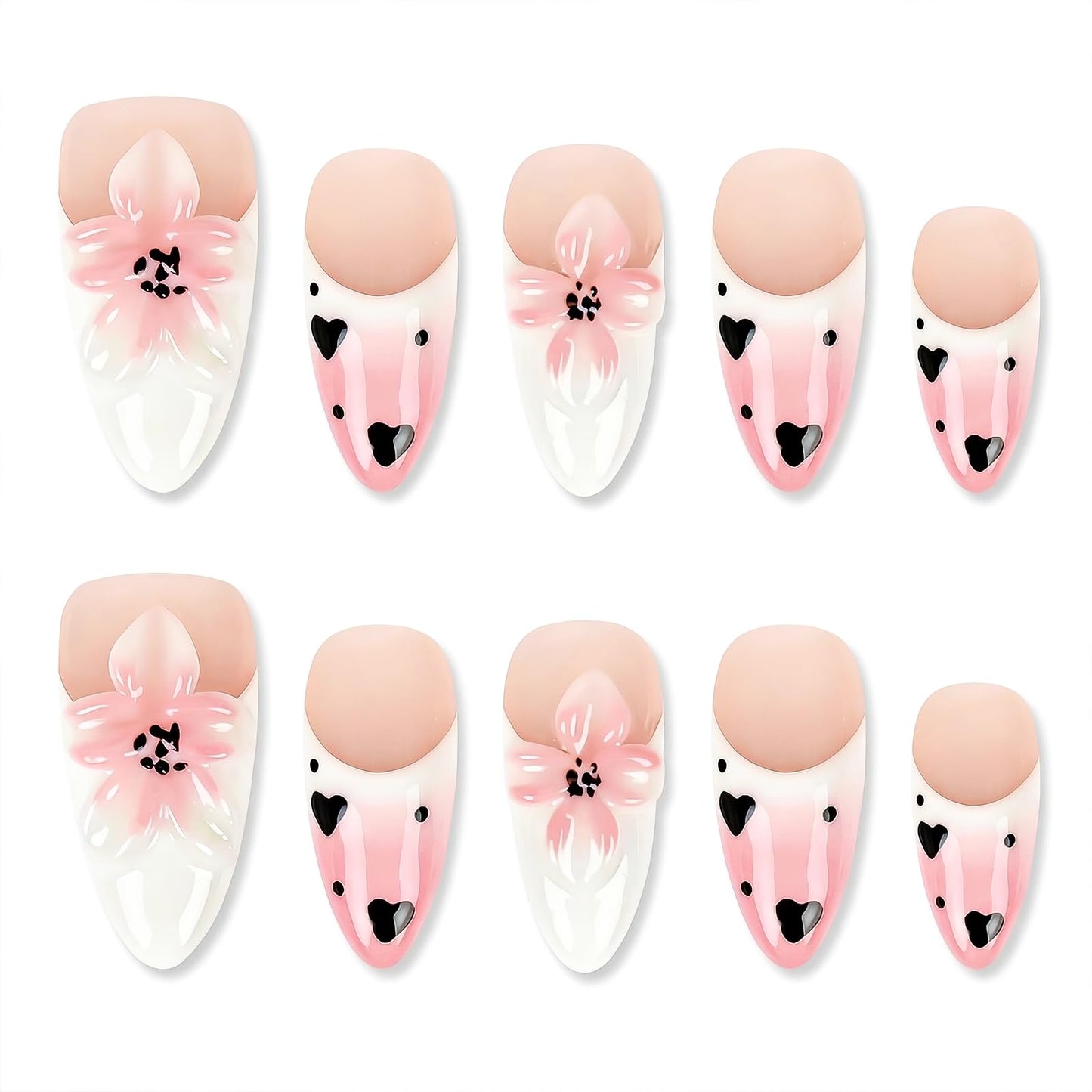 LTXHZYYL Handmade Press on Nails Almond Fake Nails With 3D Floral & Heart Design Reusable Full Cover Hand made Nails Kit – Luxury Pink Medium French Tip Glossy Acrylic for Women