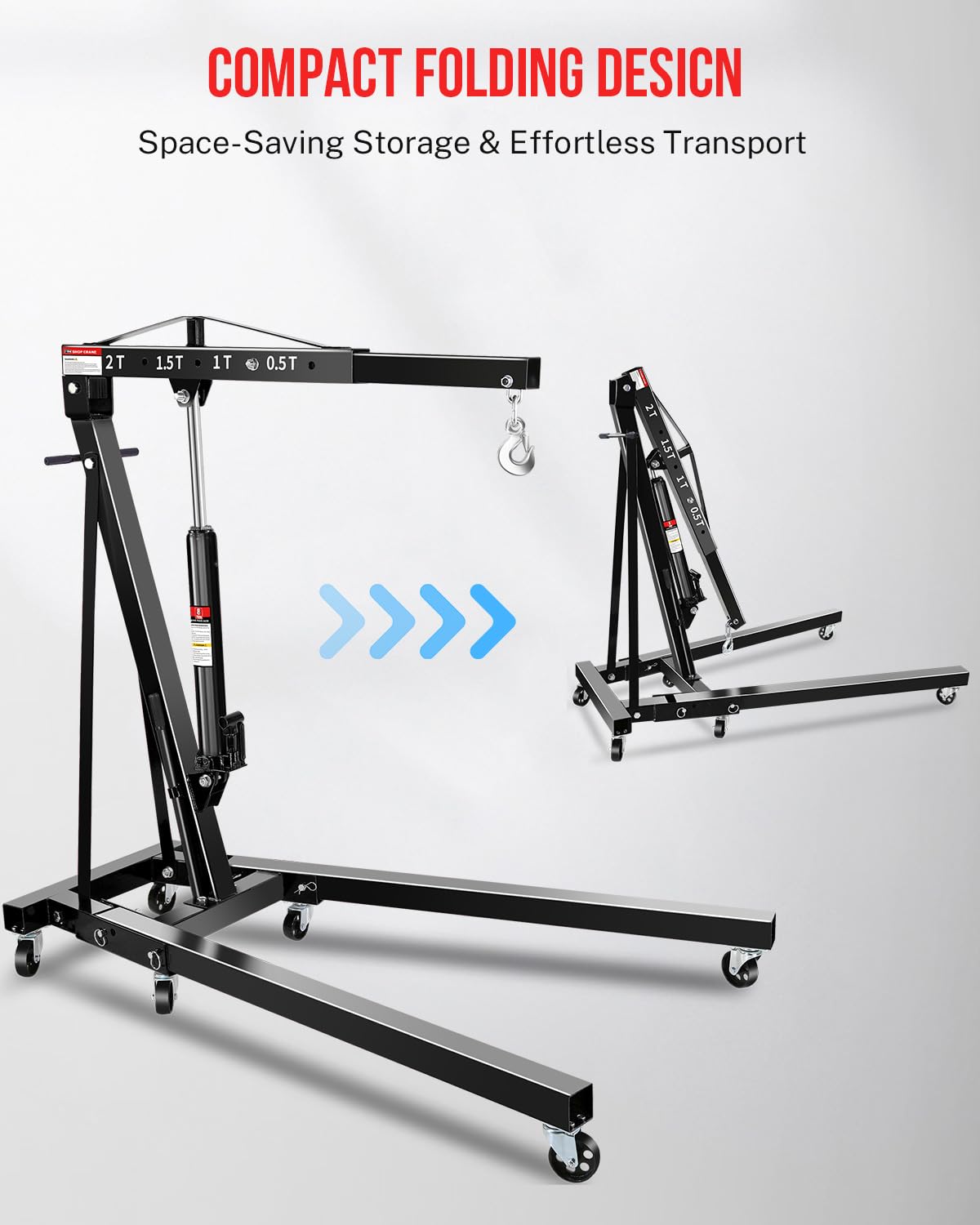 2-Ton Shop Crane, Hydraulic Folding Engine Hoist w/6 Steel Casters - Lift Car Transmissions, Boat Motors, Farm Equipment (Net Wt. 157 lbs)