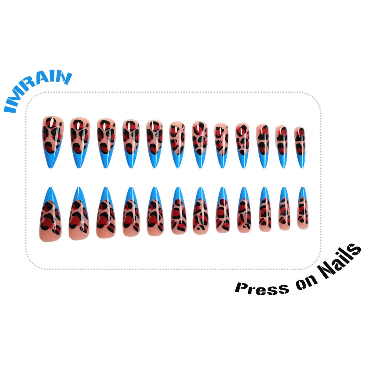 IMRAIN Press on Nails Long Stiletto Fake Nails Brown Leopard Print Acrylic False Nails with Blue French Nail Tips Designs Full Cover Glossy Acrylic Glue on Nails 24Pcs