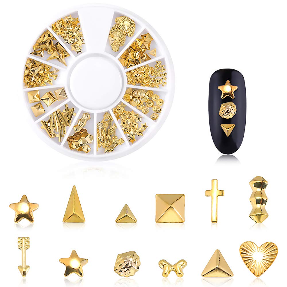 WOKOTO 6 Boxes 3D Hollow Gold Nail Decoration Shell Metal Nail Studs Nail Jewels Kit With 1Pc Tweezers And Picker Pencil
