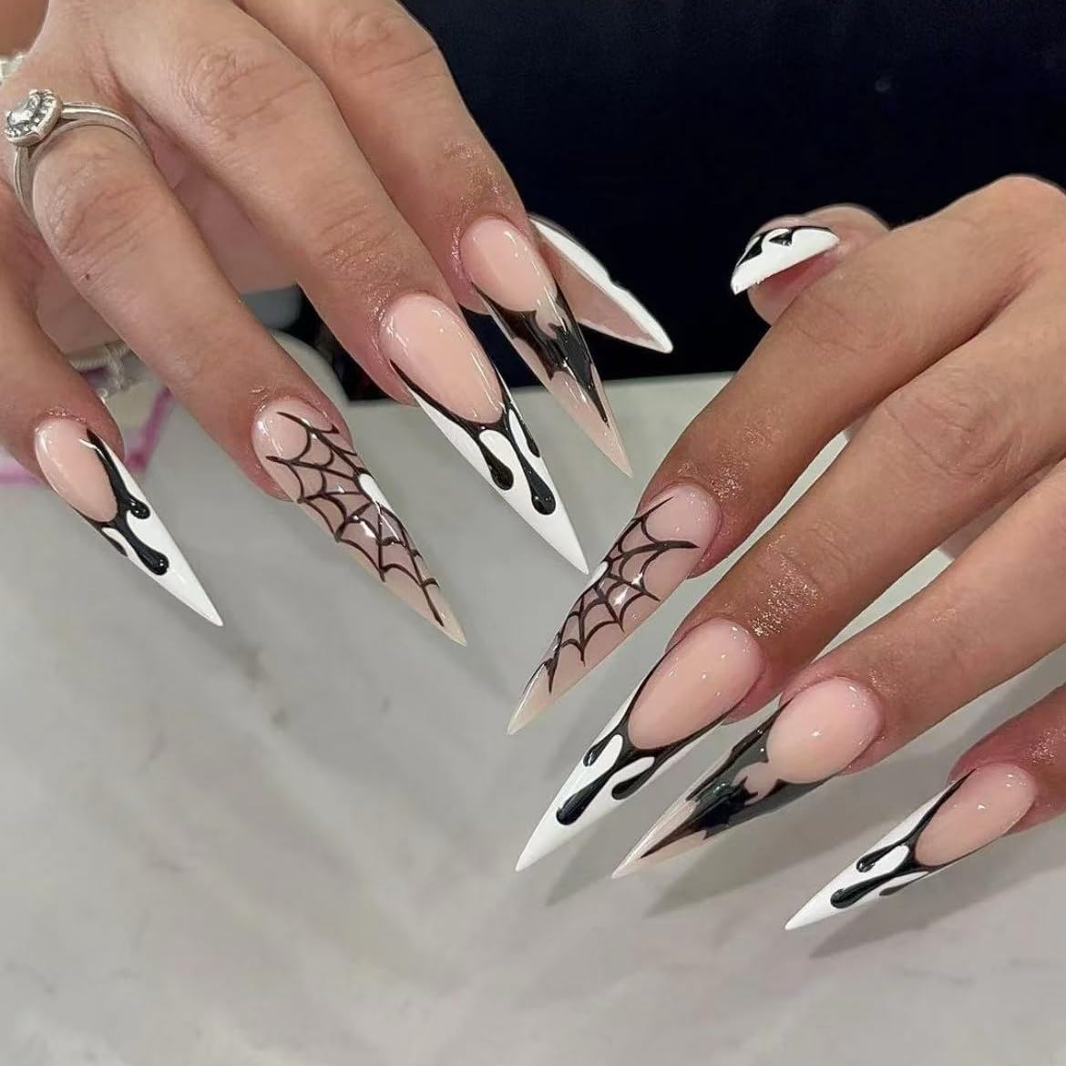 10Pcs Handmade Nails Press On, Long almond Glossy Halloween Coffin Press on Nails, White & Black with spider web, Reusable Quality Fake Nails (MT-148-L)