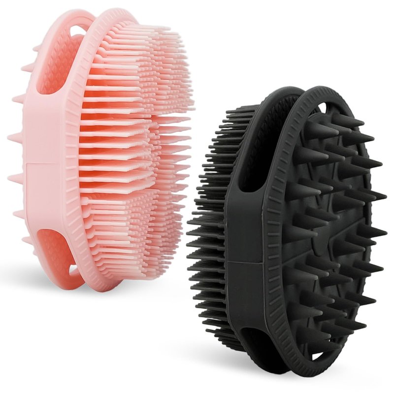 2-Pack Soft Silicone Dual-Sided Body Scrubber & Loofah | Gentle Exfoliating Shower Brush for Men & Women | Creates Rich Lather, Easy to Clean (Black & Pink)
