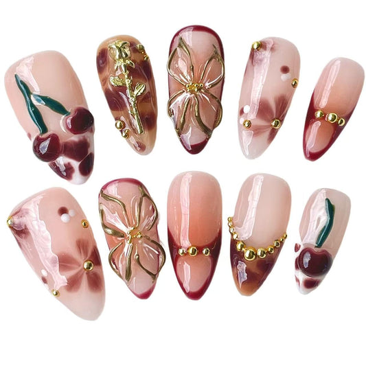 Handmade Press On Nails Medium Almond Elegant 3D Cherry & Gold Floral Accent False Nails | Nude Pink Base with Wine-Red Tips, Reusable Acrylic Fake Nails (Wine Cherry, S)
