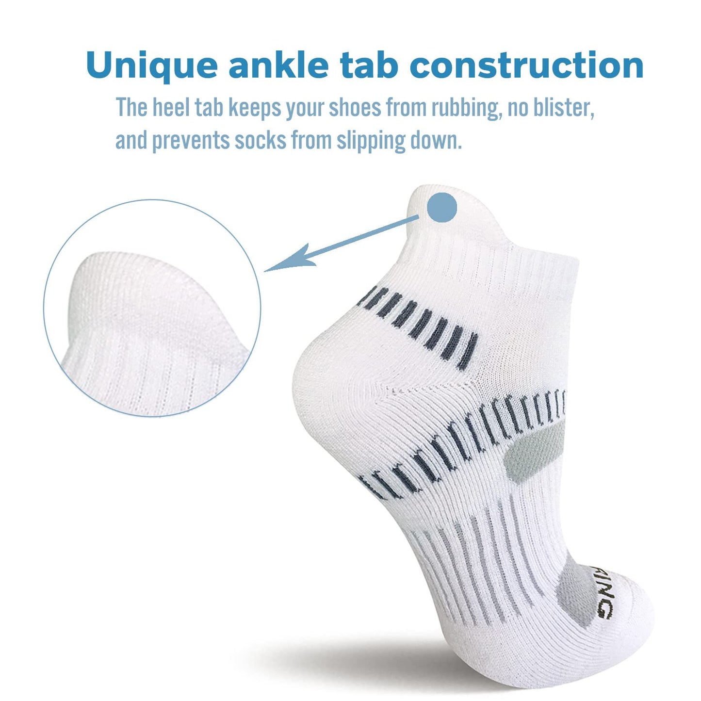 BERING Women's Athletic Running Cushioned Ankle Socks, Size 6-9, White, 6 Pairs