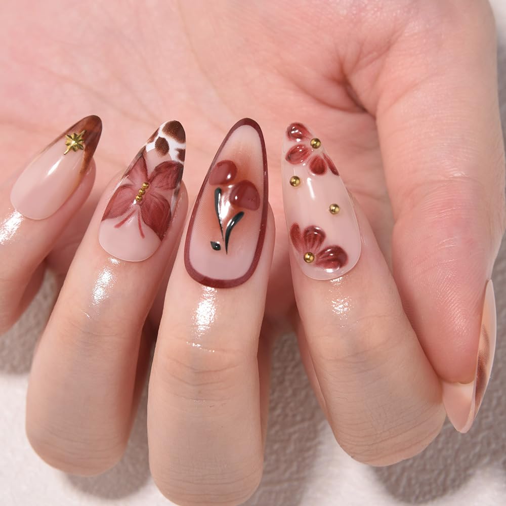 evpct 3D Red Cherry Press on Nails Short Almond No Glue, Short Almond with 3D Red Bow Butterfly Design, Coffee Tip Stick on Nail for Women Gift with Kit, Reusable Full Cover Soft Press on Fake Nail