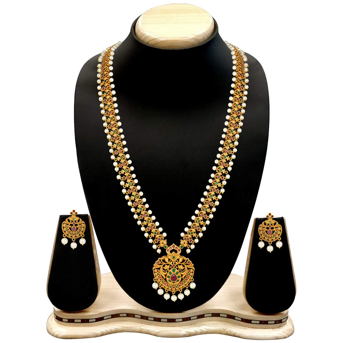 Aheli South Indian Traditional CZ Designer Necklace Earrings Bollywood Ethnic Wedding Bharatanatyam jewellery Set Gift for Women Pear Red
