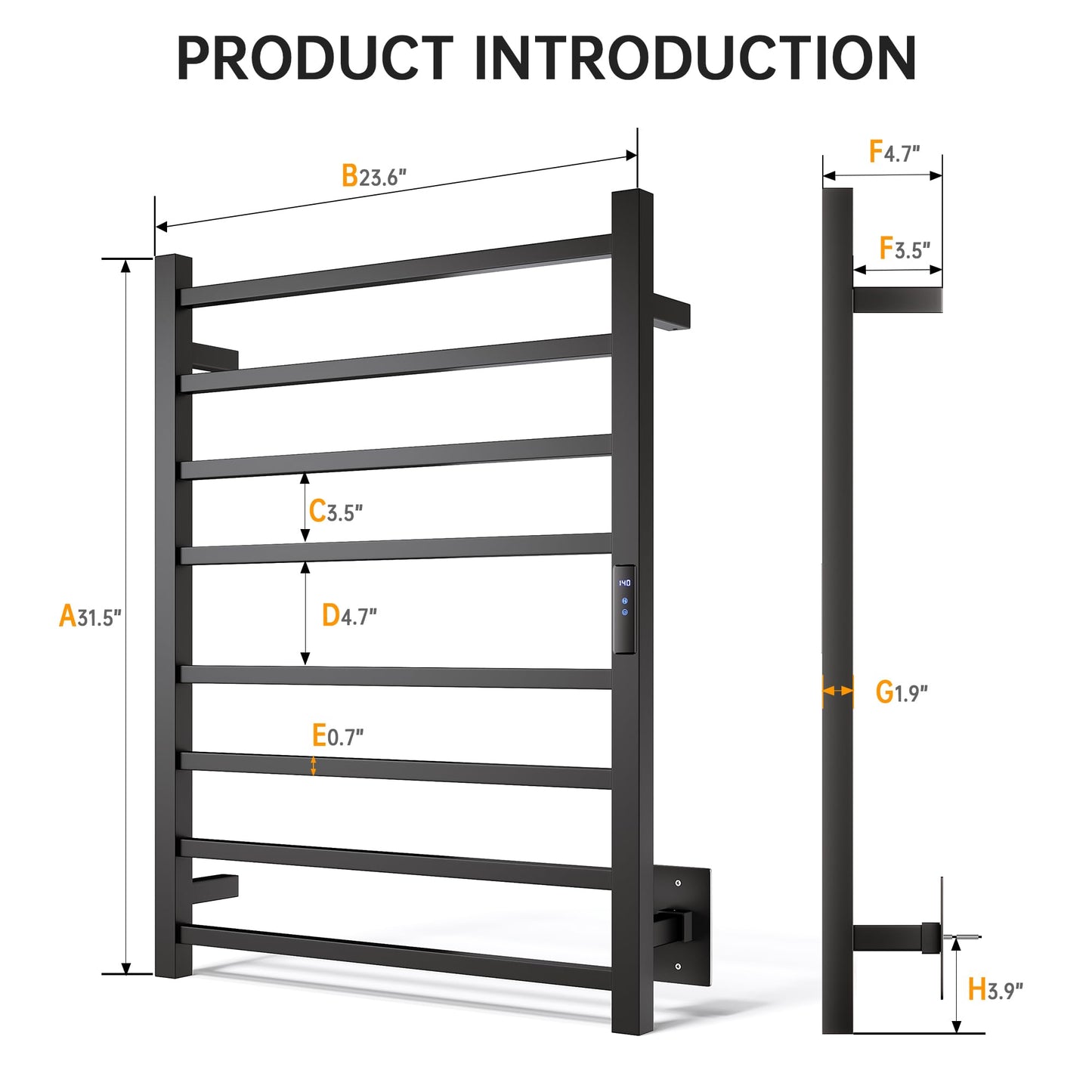 AquivaCoast Towel Warmer Rack, Heated Towel Racks for Bathroom, Wall Mounted Towel Warmer, Stainless Steel 8-Bars Drying Rack with Intelligent Touch Screen Timer, Matte Black