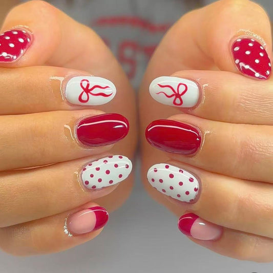 24Pcs Valentines Press on Nails Short Oval Fake Nails Red French False Nail Tip Kit with Bow Polka Dots Designs Sparkly Glossy Nude Glue on Nails Full Cover Acrylic Red White Stick on Nail for Women