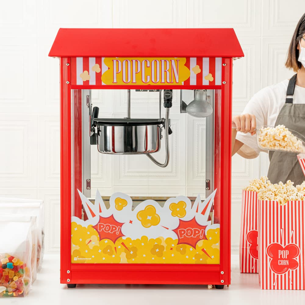 Restaurantware Hi Tek 8 Ounce Commercial Popcorn Popper Machine 1 Electric Popcorn Maker Machine - Popcorn Cart Sold Separately 3-Switch Operation Red Stainless Steel Popcorn Machine 120V