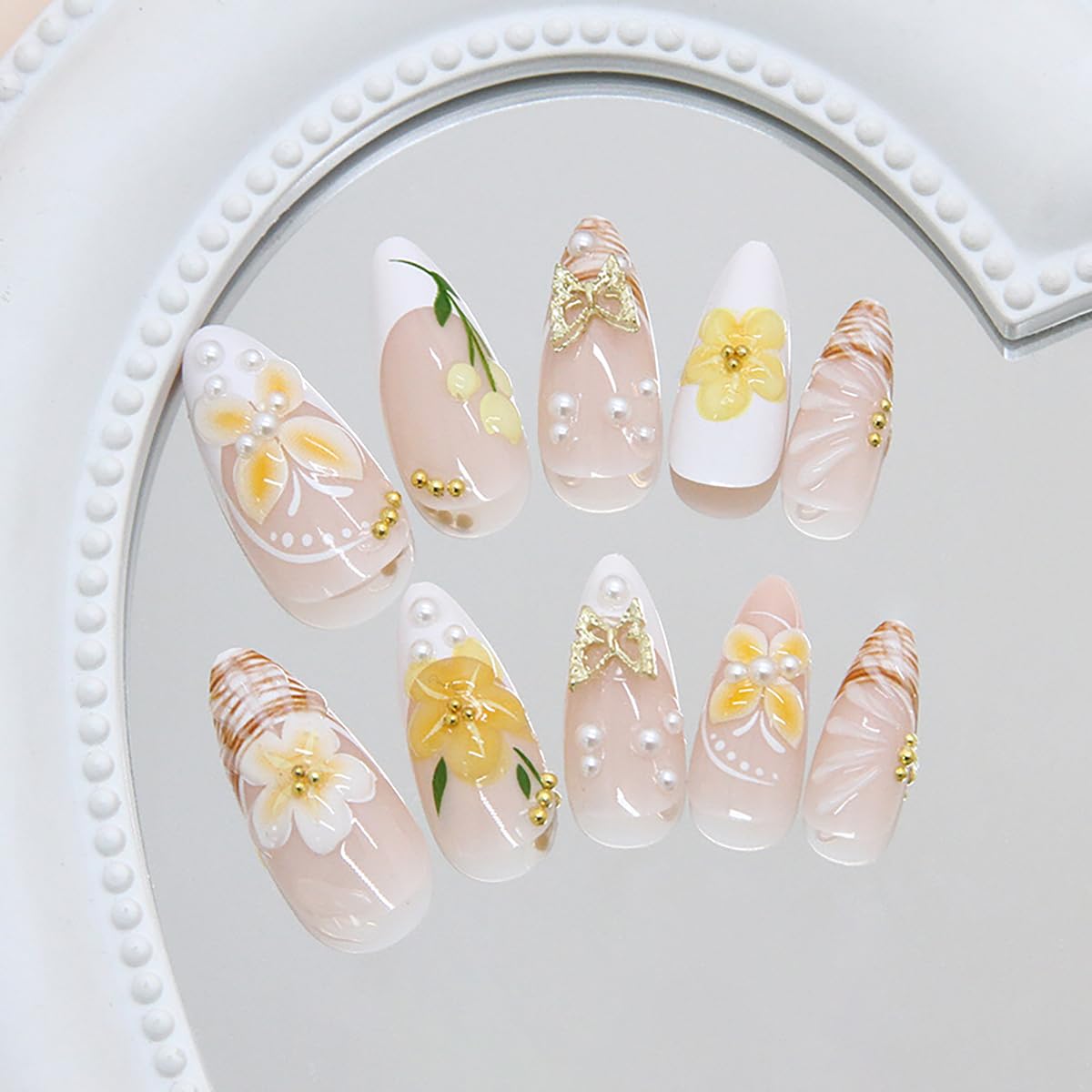 Press on Nails Almond Medium Length 3D Fake Nails with Butterfly Charms Designs Embossed Flower False Nails French Tip Nails Press ons Acrylic Summer Stick on Nails for Women French Manicure 24PCS