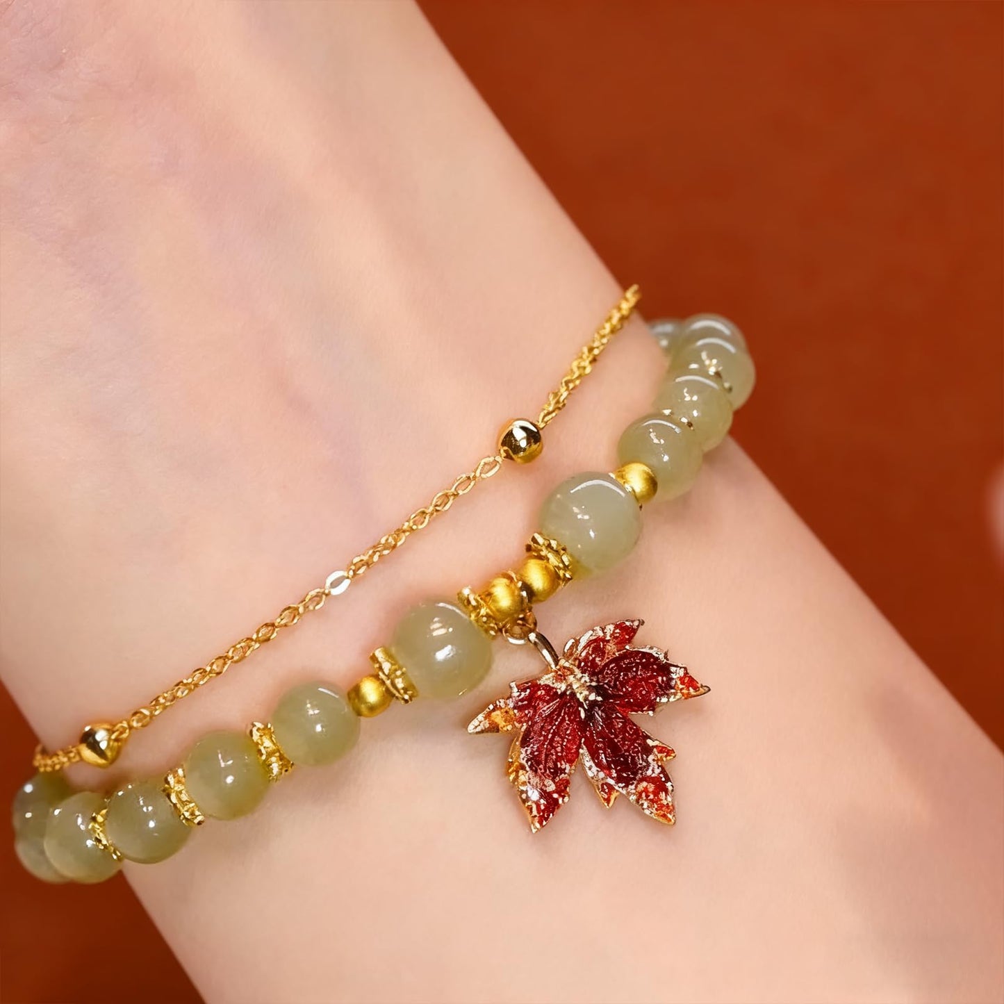 XIAOMOJEW Jade Beaded Bracelets for Women Fall Maple Pendant Bangle Bracelets Chinese Style Bangle Lucky Boho Jewelry (G Maple A)