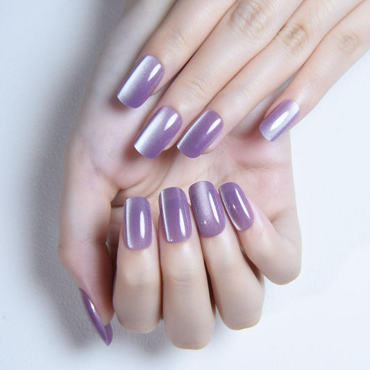 XZMeiLun Cat Eye Lavender Purple Press On Nails Medium Long Length Square, Designer Reusable Acrylic Fake Nail, Glossy Gel Nails Wedding Party, Stick On Glue On Nail, Nails Press Ons for Women