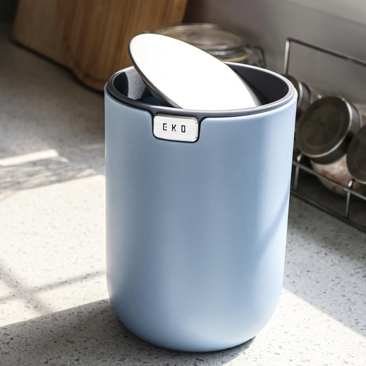 EKO Fandy 0.4 Gal/1.5L Mini Tabletop Trash Bin with Swing-Lid, Desktop Trash Can for Bathroom Countertop, Vanity, Coffee or Office, Small Garbage Bin (Blue)
