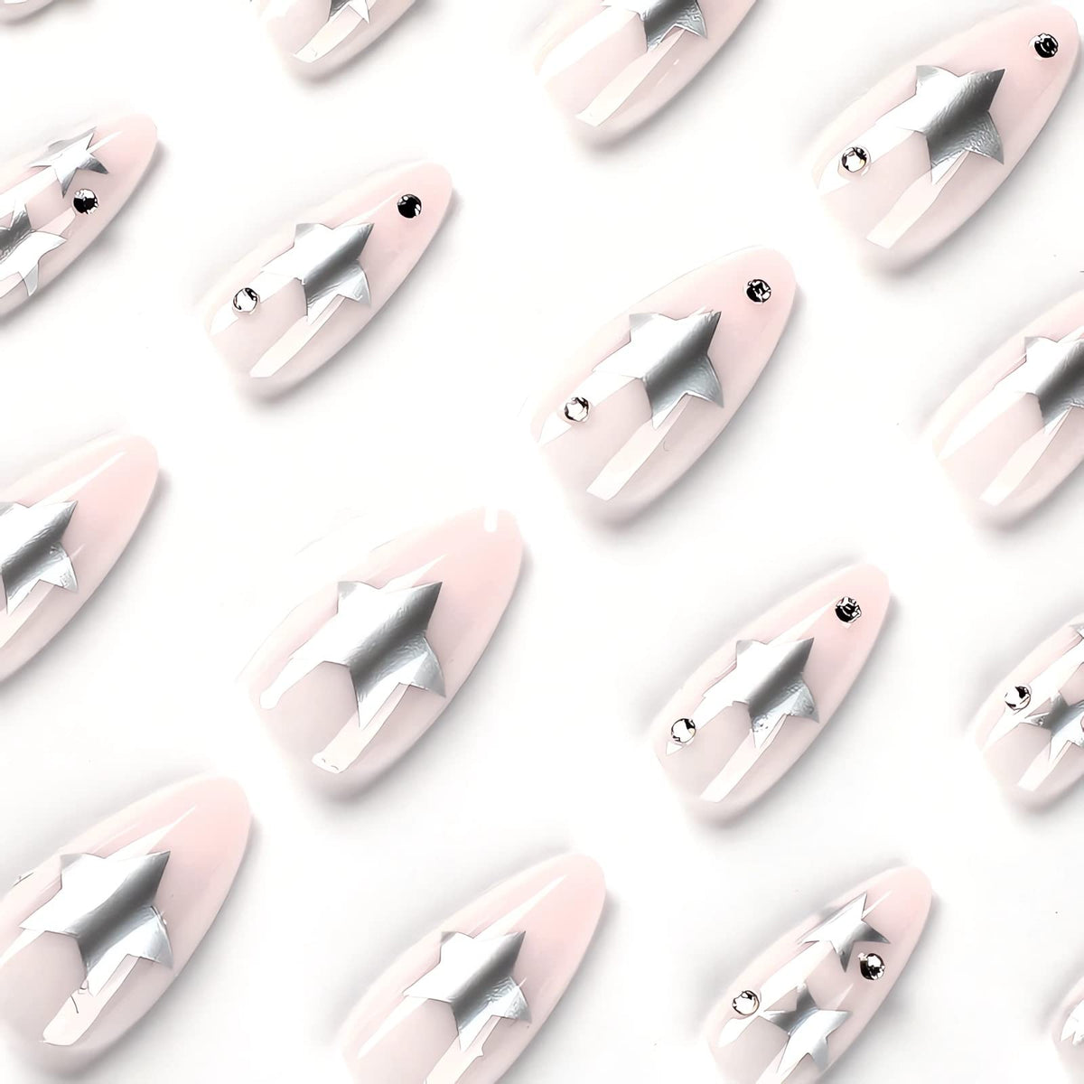 IMSOHOT Medium Almond Stiletto Press on Nails, Nude Silver Star Glossy Acrylic Nails for Women, 24PCS