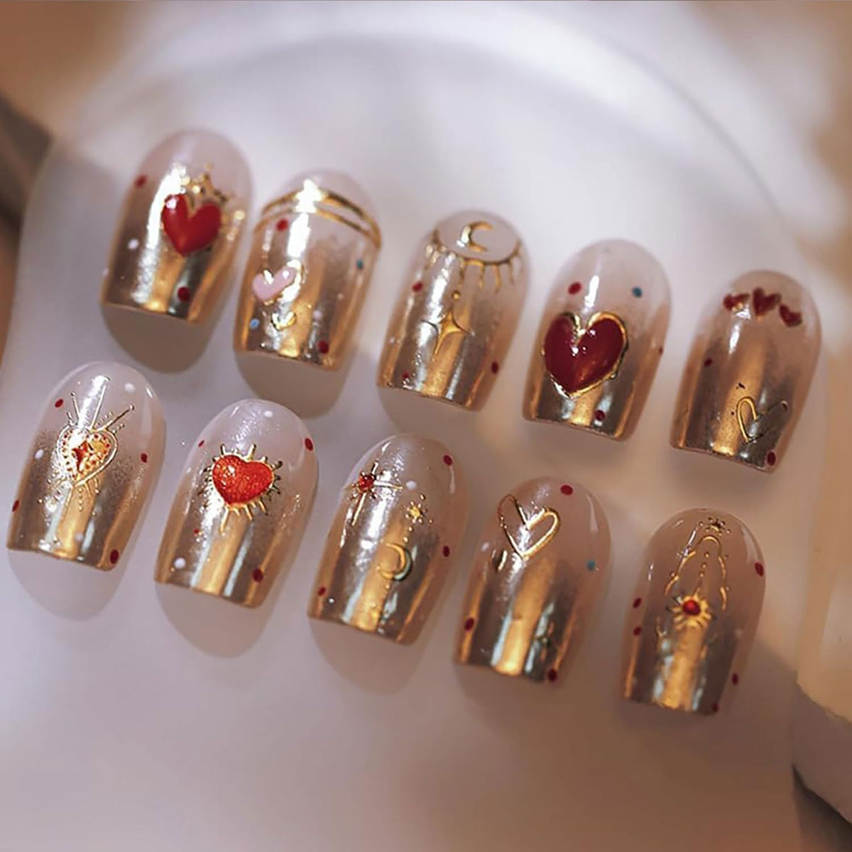 Valentine’s Day Nail Stickers Heart Nail Art Sticker 5D Embossed Self-Adhesive Nail Decals for Nail Art Gold Star & Moon Nail Designs Decals for Women Manicure Decorations