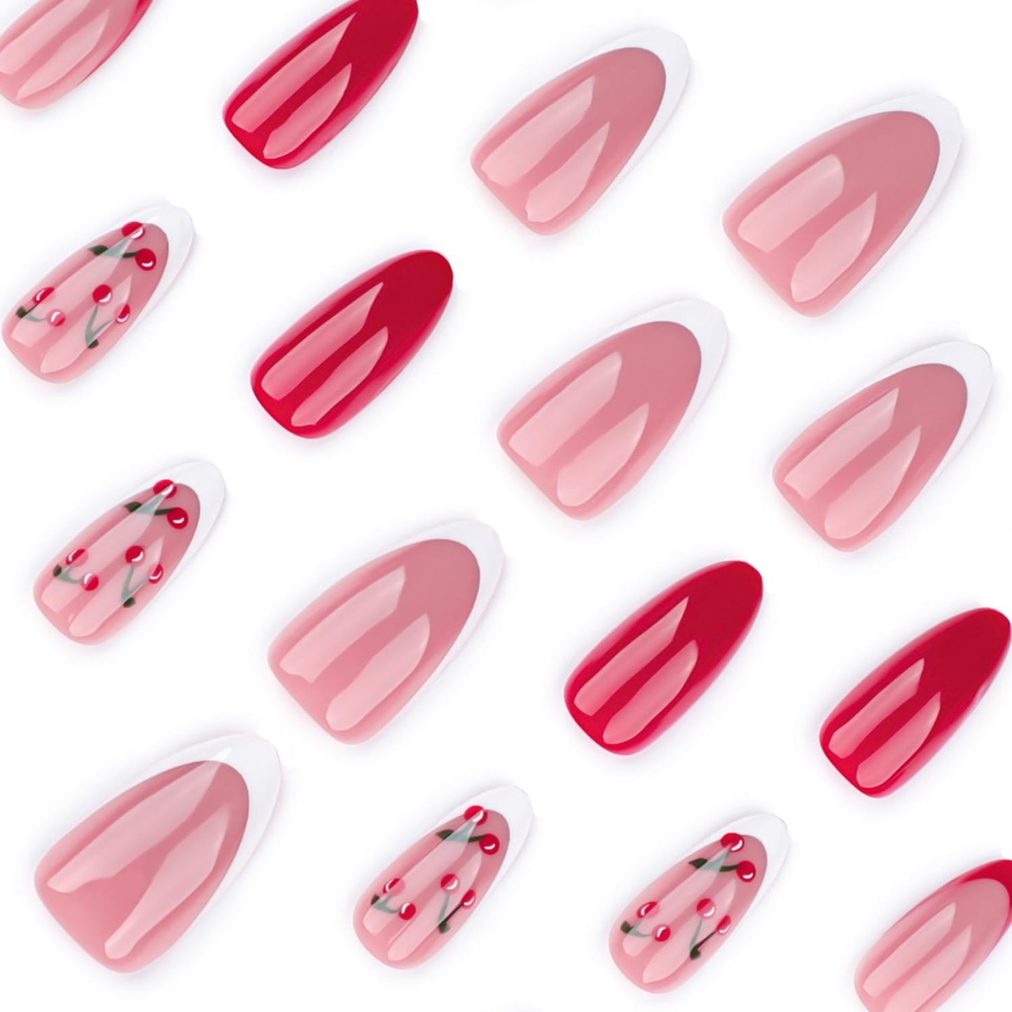 Almond Press on Nails Short Fake Nails with Cherry designs Stick on Nails Glossy Nude False Nails Full Cover White Red French Tip Acrylic Nails Gel Glue on Nails for Women Girls DIY Manicure24pcs