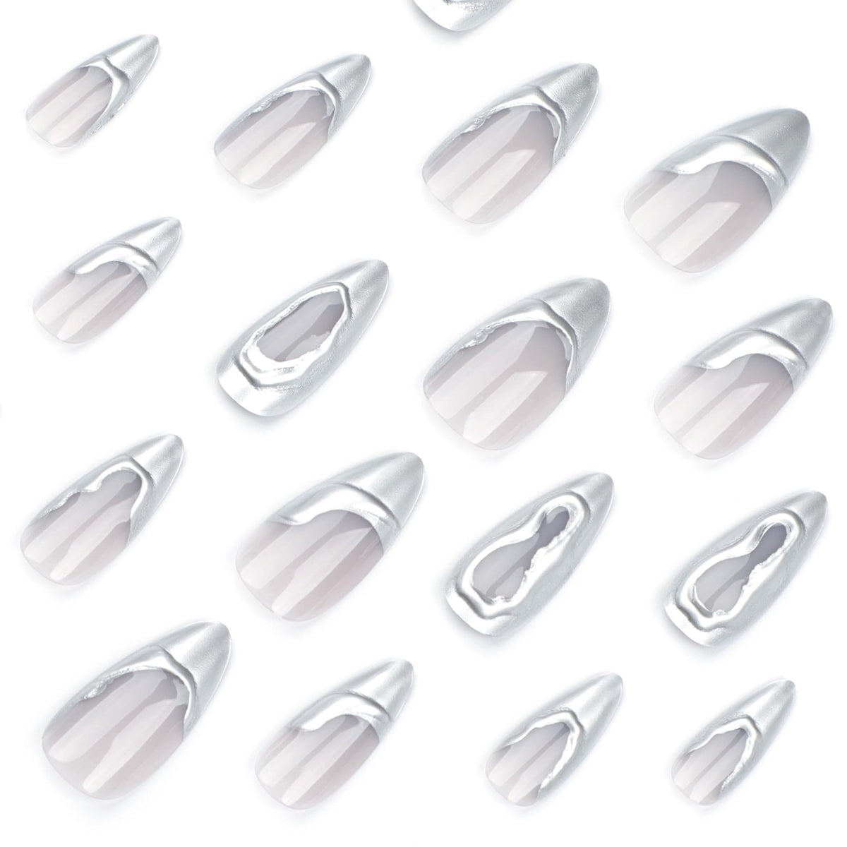 IMRAIN Silver Press on Nails Medium Almond Fake Nails 3D French Tips False Nails Full Cover Glossy Glue on Nails for Women Girl 24Pcs