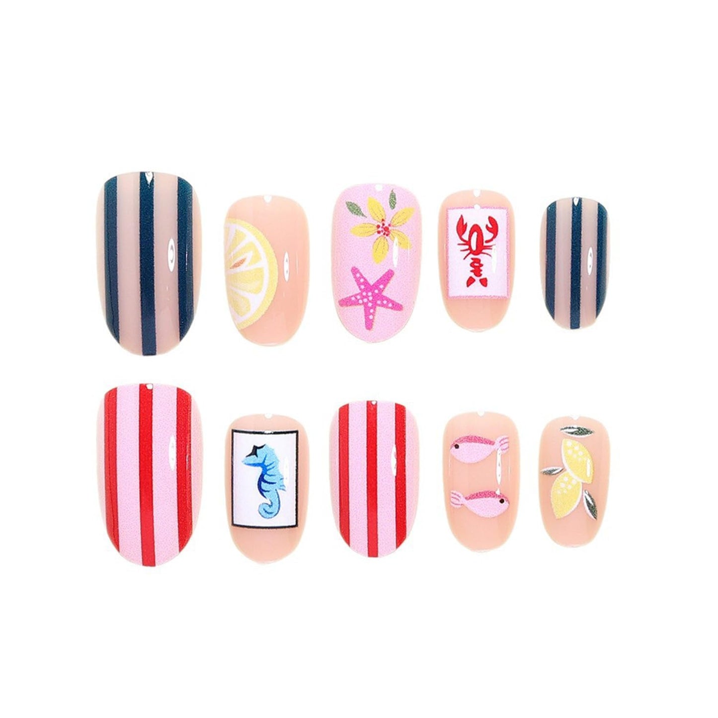 Flowers Press on Nails Flowers Medium Almond False Nails with Starfish Stripe Fish Seahorse Design Full Cover Glue on Nail Summer Ocean Reusable Acrylic Fake Nails Artificial Stick on Nail for Women