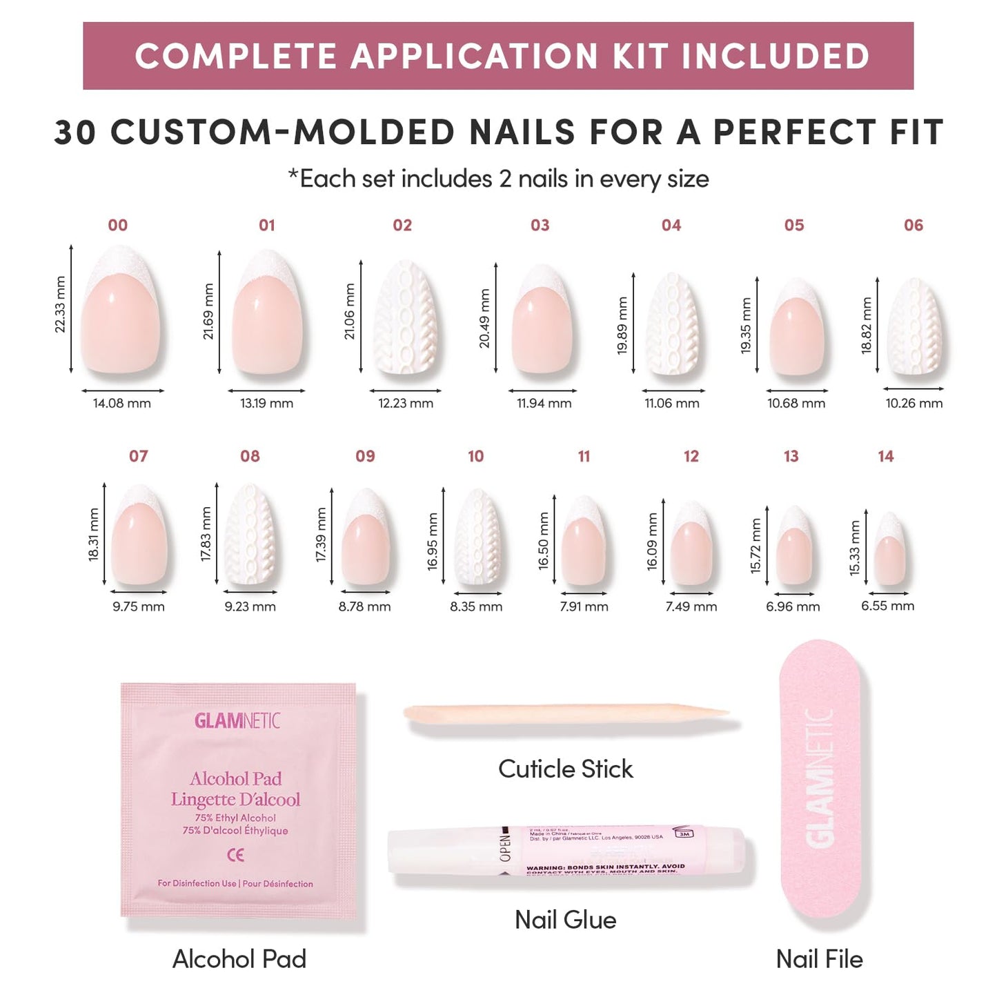 Glamnetic Press-On Nails Bundle - Frosted Cranberry & Sweater Weather | Short Almond Fake Nails in Deep Red with Jelly Finish | Short Almond Fake Nails with White Glitter French Tips & 3D Designs | Du