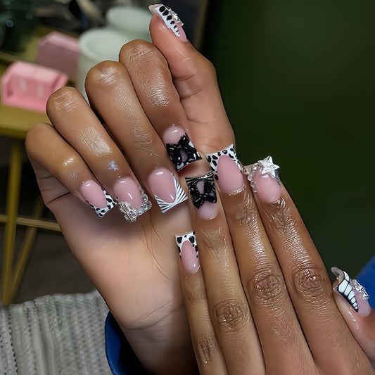CTTHNBD Short Press on Nails - Square Fake Nails with Bow Star Charms Design - French Tip False Nails Stick on - for Women 24 Pcs