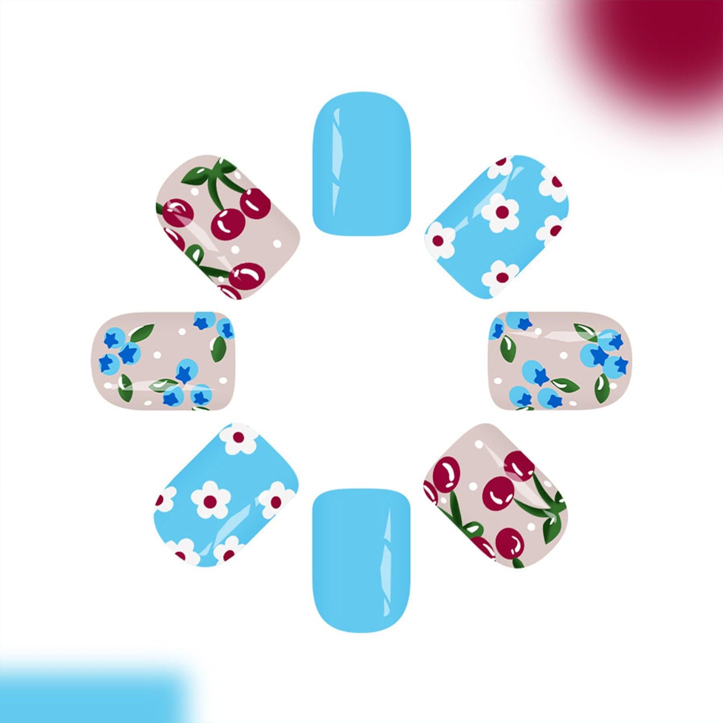 Spring Press on Nails Short Square Fake Nails with Blueberry Cherry White Flower Designs Spring Summe Nails Press ons Glossy Blue False Nails Nude Full Cover Glue on Nails for Women