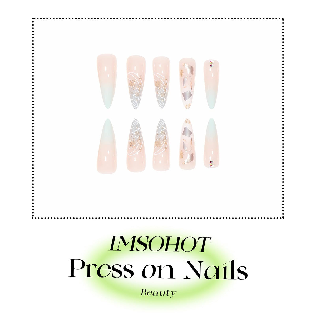 IMSOHOT Long Length Press on Nails Stiletto Green Gradient Fake Nails Glitter Gold Foil Full Cover Glue on Nails Almond Acrylic Nude False Nails with Rhinestone Designs 24Pcs for Women