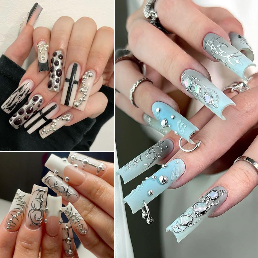 Mini Metal Nail Beads 3D Nail Art Charms, Mixed Sizes Silver Gun Grey Half Round Flatback Stainless Steel Caviar Beads Nail Studs Jewelry with Pickup Tweezers for DIY Nail Art and Crafting Decorations