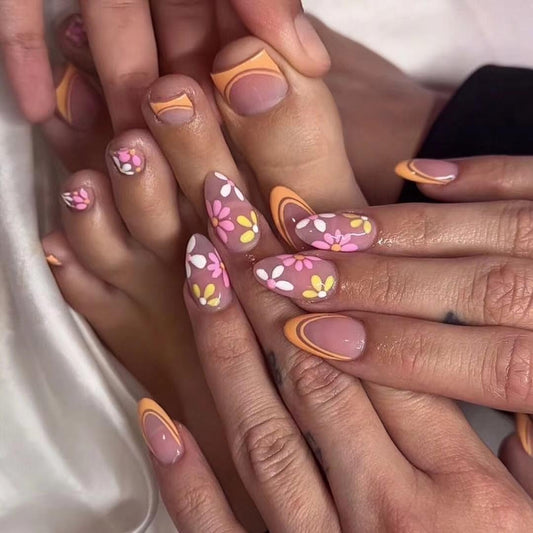 CTTHNBD Almond Press on Nails Medium & Square Press on Toenails Set, Flower Fake Nails, Spring False Nails Kit - for Women 48 Pcs