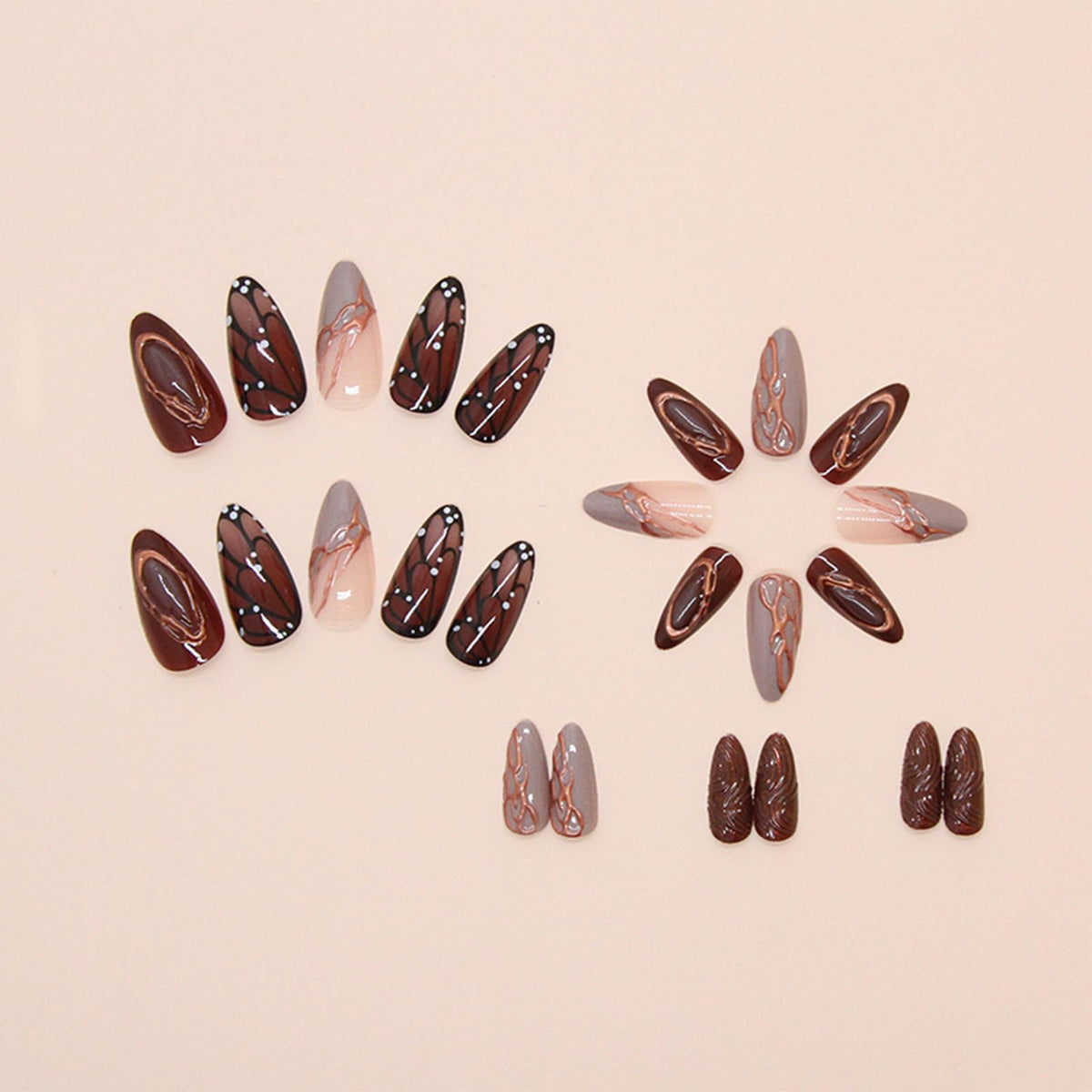 IMRAIN Brown Press on Nails Medium Almond Fake Nails Fall Butterfly Glossy Artificial False Nails Full Cover Golden Line Stick on Nails for Women Girls