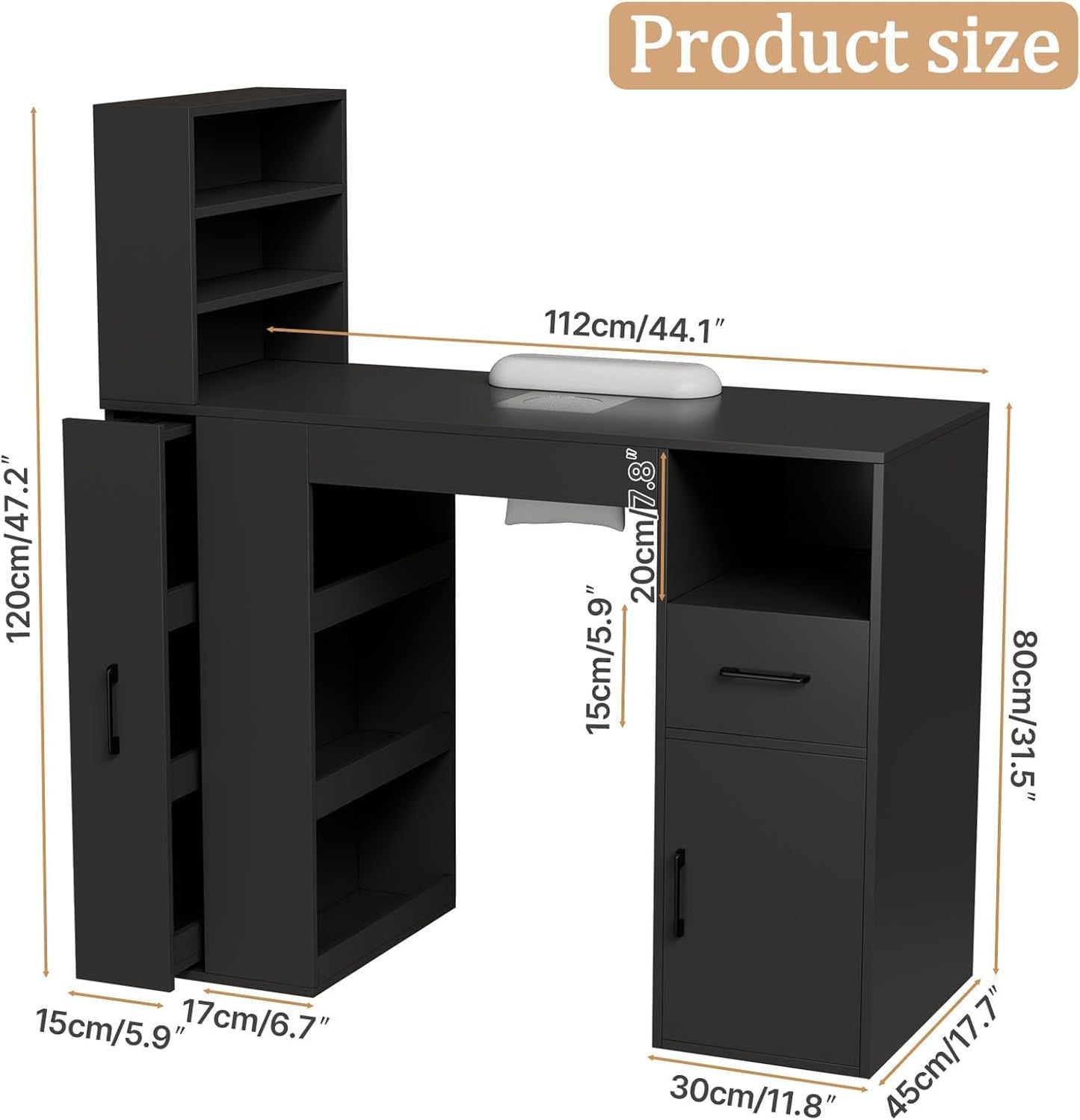 GOFEI Professional Nail Desk for Nail Tech with Storage Cabinet and Fan – Modern Nail Table for Salon, Nail Tech Table with Drawer, Armrest & Dust Collector,Manicure Table Nail Desk (Black)