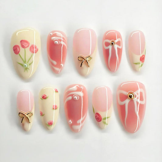 24Pcs Valentines French Press on Nails - Medium Almond Fake Nails with 3D Pearls Bow Design Rose Flower False Nails Pink Gradient Glossy Full Cover Cute Floral Bows Gel Acrylic Glue on Nails for Women