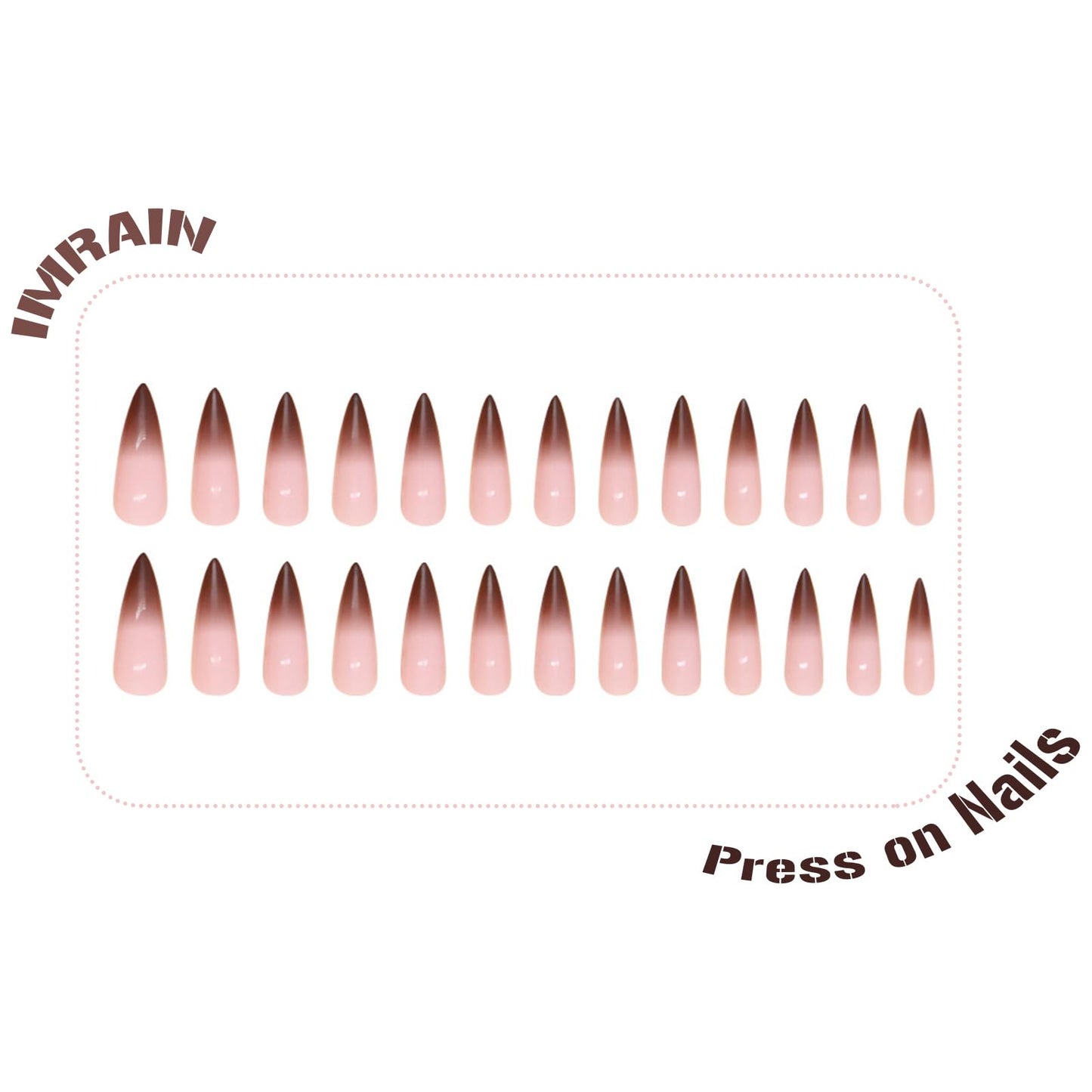 IMRAIN Stiletto Press on Nails Long Length Fake Nails Glossy Brown Gradient Gel Glue on Nails Full Cover Nude Fall Artificial False Nails for Women Girls 24Pcs