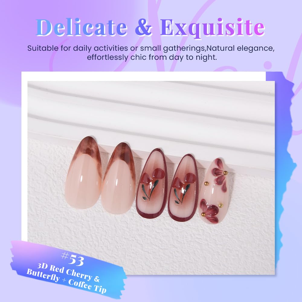 evpct 3D Red Cherry Press on Nails Short Almond No Glue, Short Almond with 3D Red Bow Butterfly Design, Coffee Tip Stick on Nail for Women Gift with Kit, Reusable Full Cover Soft Press on Fake Nail