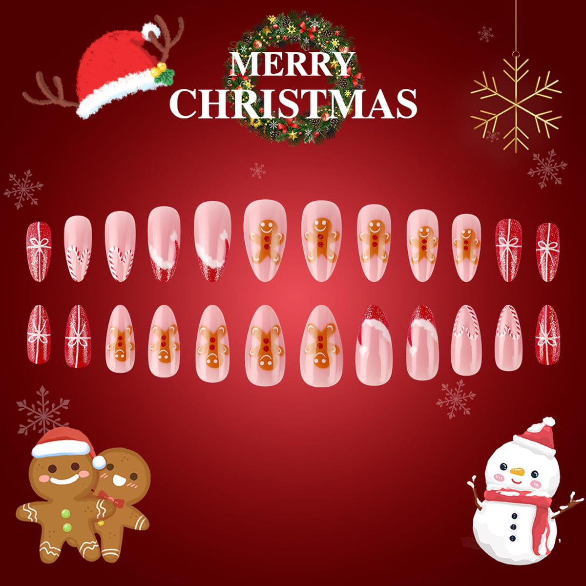Christmas Press On Nails Medium Almond Fake Nails Gingerbread Santa Hat With Candy Cane Bow Design Xmas False Nails Full Cover Cute Acrylic Glue On Nail Winter Stick On Nails For Women 24pcs