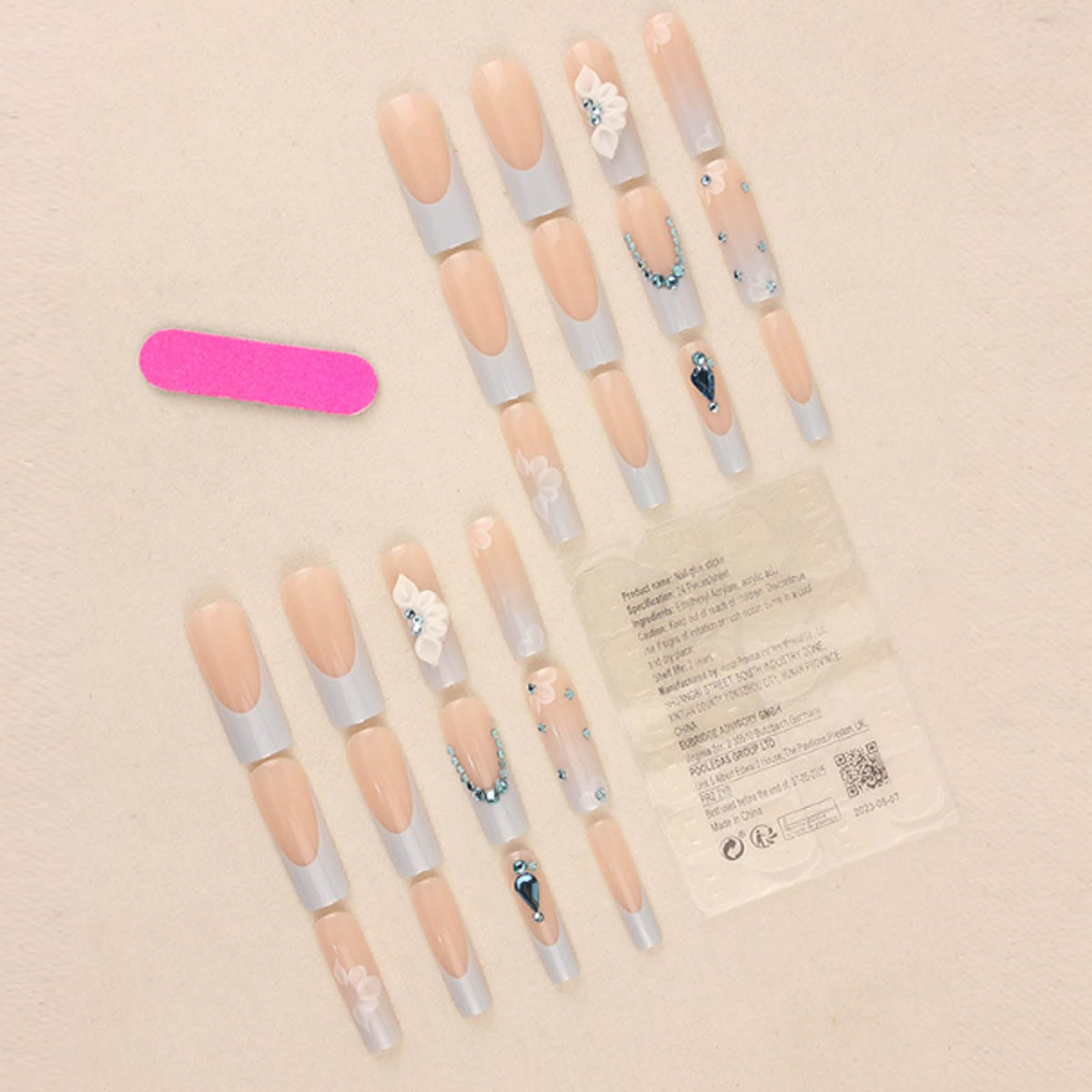 Hkanlre Press on Long Nails Square Blue Fake Nails Tips Full Cover False Gradient 3D Flower Nails for Women and Girls 24PCS