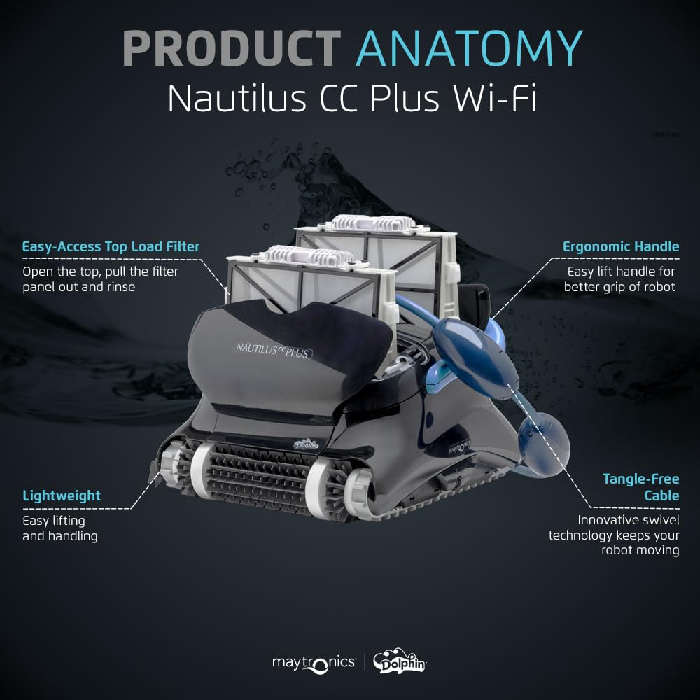 Dolphin Nautilus CC Plus Robotic Pool Vacuum Cleaner with Wi-Fi Control — Included Universal Caddy for No-Hassle Storage — Ideal for Above/In-Ground Pools up to 50 FT in Length