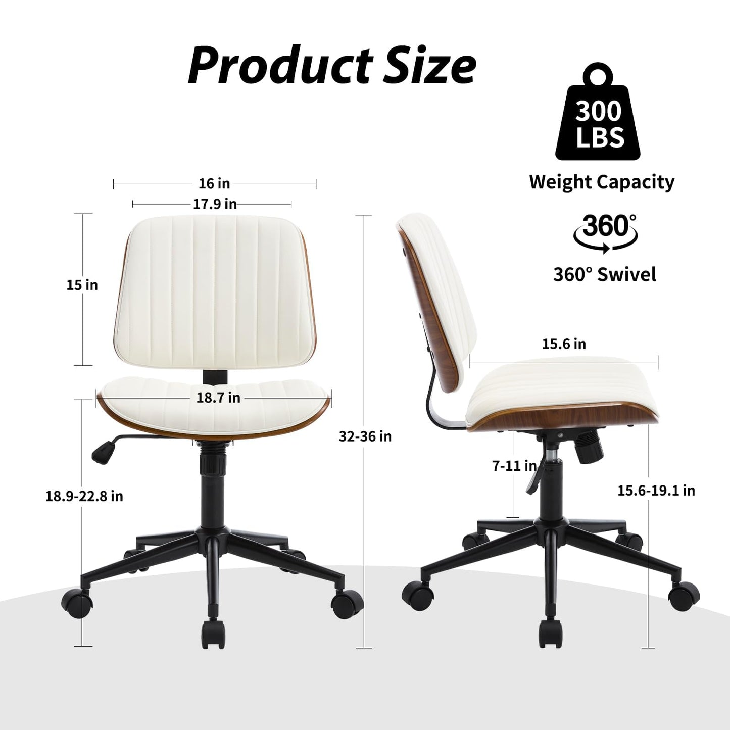 VipDesk Small Home Office Chair - Armless Mid Back Desk Chair with 360° Swivel and Wheels, PU Upholstered Height Adjustable Modern Walnut Computer Chair for Home, Office Meeting Room - Black