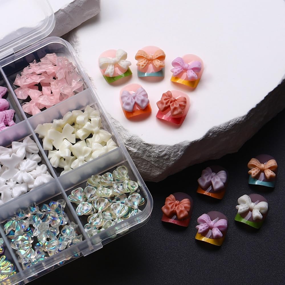 Bow Nail Charms 3D Resin Pink White Nail Gems Cute AB Crystal Bowknot Nail Jewels Shiny Bowknots Nail Art Supplies for Women DIY Acrylic Nail with Tweezers 12 Grids 1 Box 12 Styles