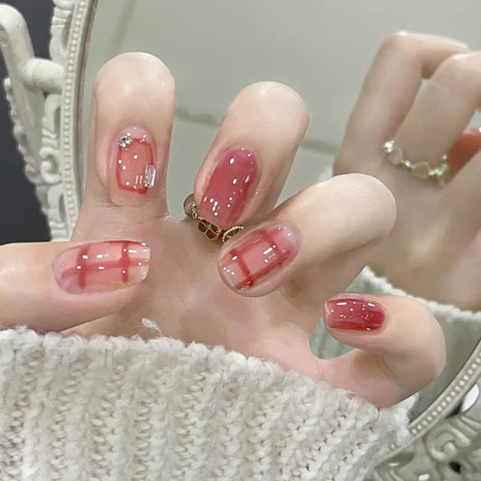 Press on Nails Short Coffin Shape Full Cover Reusable False Nails Kits Glue on Nails with Lattic Designs Artificial Glossy Fingernails Acrylic Fake Nails for Women Stick on Nails Square