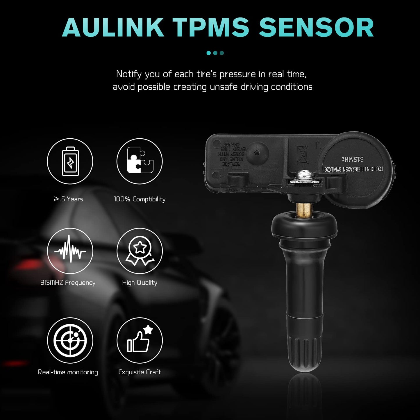 AULINK Tire Pressure Monitoring System(TPMS) Sensor for Chevy Aveo Camaro Cruze Equinox HHR Impala Malibu Silverado Traverse Tahoe Express, GMC Cadillac Buick (13586335 315MHZ TPMS)