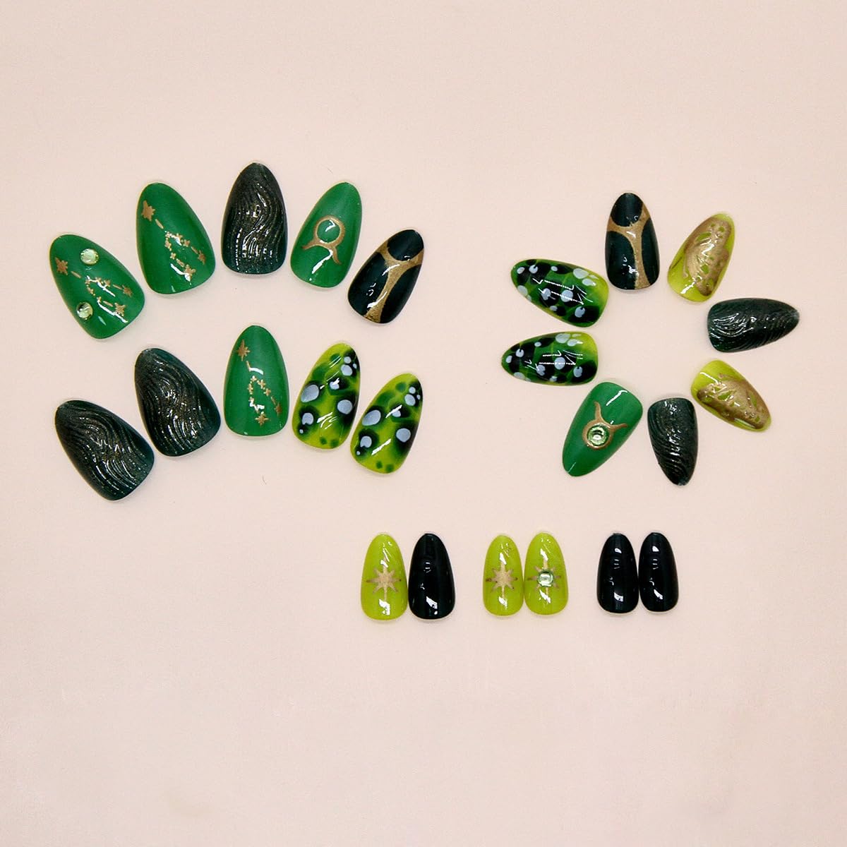 24Pcs Dark Green Press on Nails Short Almond Fake Nails Gold Butterfly Full Cover Spring False Nails Glitter Rhinestones Star Glue on Nails 3D Summer Stick on Nail Marble Green Acrylic Nails for Women
