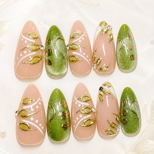 2IM Studio Handmade Press On Nails, Elegant Nude 3D Floral French Tip with Pearl Rhinestones, Almond Medium Length Full Cover Thick Reusable Acrylic Nail Kit for Women 10PCS (Gilded Leaf-S)