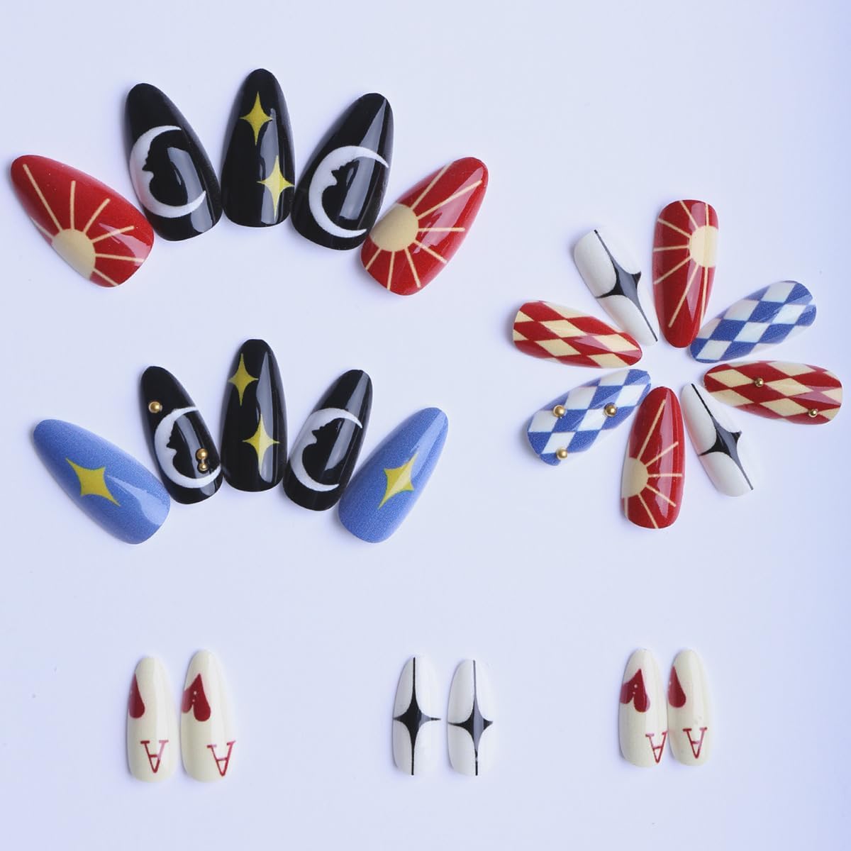 plalely Almond Press on Nails Long Colorful Fake NailTarot Style Acrylic Nail Press ons Lunna Stick on Nails for Women 24pcs