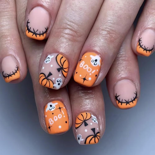 Halloween Press on Nails Short Square Fake Nails Orange Matte Acrylic Nail with Pumpkin Ghost Designs Glue on Nails French Tips False Nail Stick on Nail for Women 24Pcs