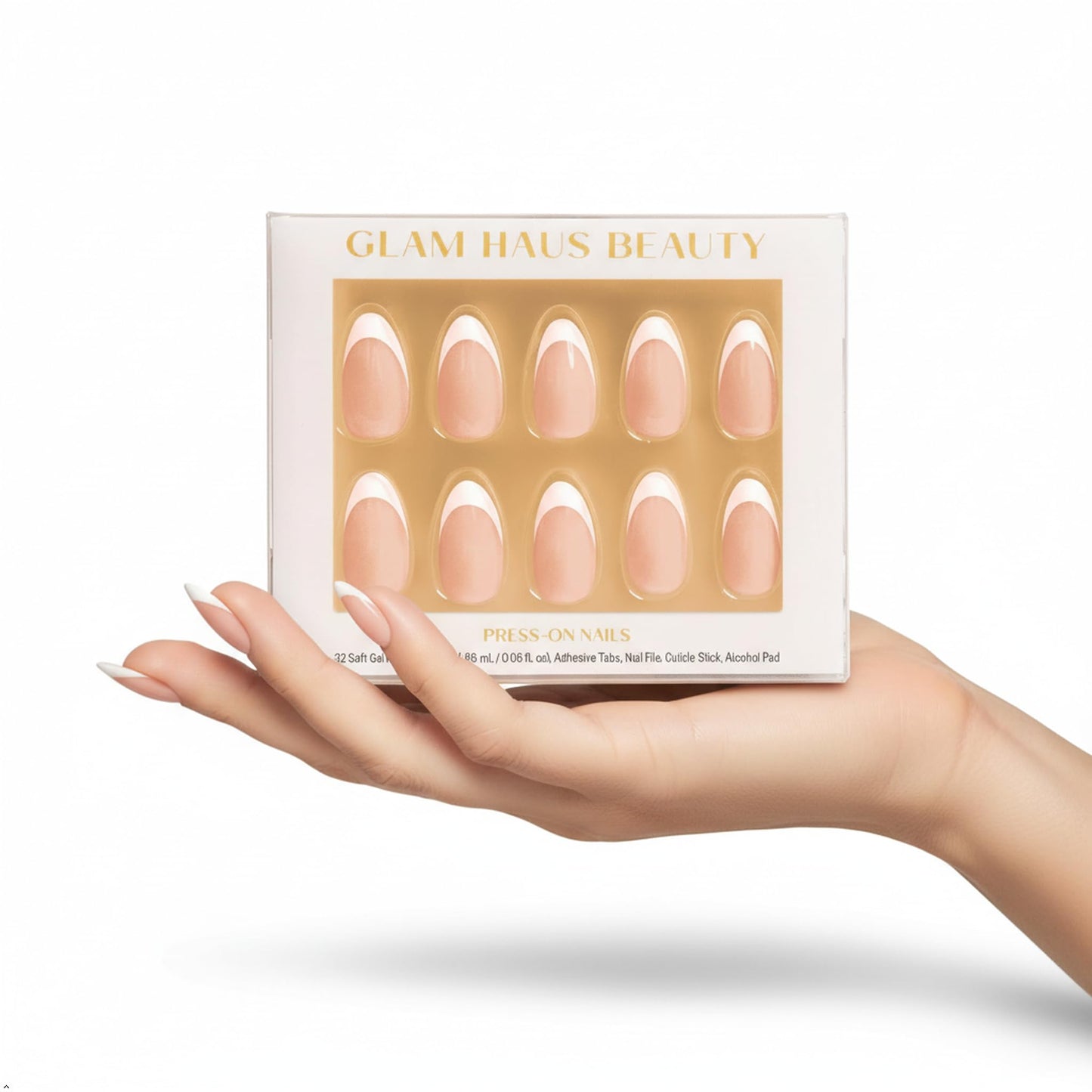 Glam Haus Beauty Press On Nails French Muse | Short Almond Nude French Tip Salon Quality | 16 Sizes - 32 Nail Kit with Glue & Adhesive Tabs