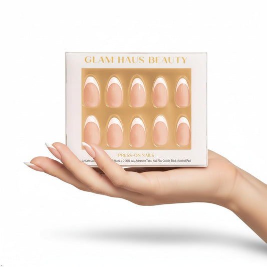 Glam Haus Beauty Press On Nails French Muse | Short Almond Nude French Tip Salon Quality | 16 Sizes - 32 Nail Kit with Glue & Adhesive Tabs