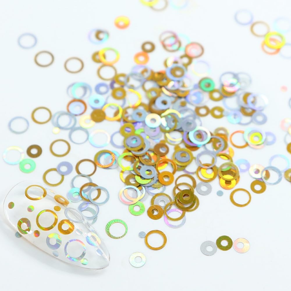 1 Box 12 Color Holographic Hollow Circle Nail Glitter Red Purple Nail Sequins 3D Laser Silver Nail Flakes Sparkly Powder Flakes Shiny Nail Glitter Colorful Nail Sequins Glitter for Nails Art 12 Grids