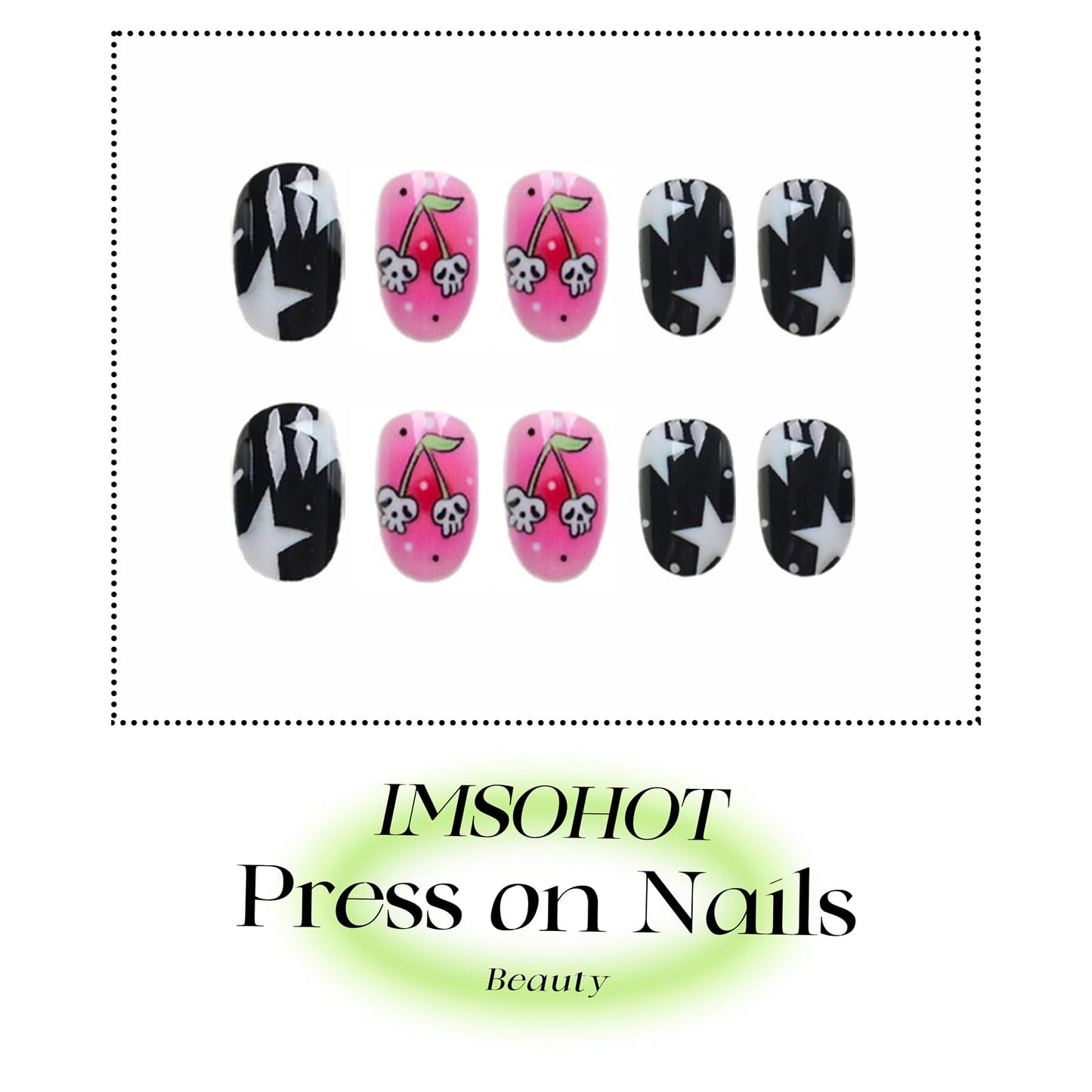 IMSOHOT Halloween Press on Nails - Short Oval Fake Nails, Pink Black, Cute Ghost Cherry Designs, Full Cover Round Acrylic False Nails for Women Girls 24Pcs